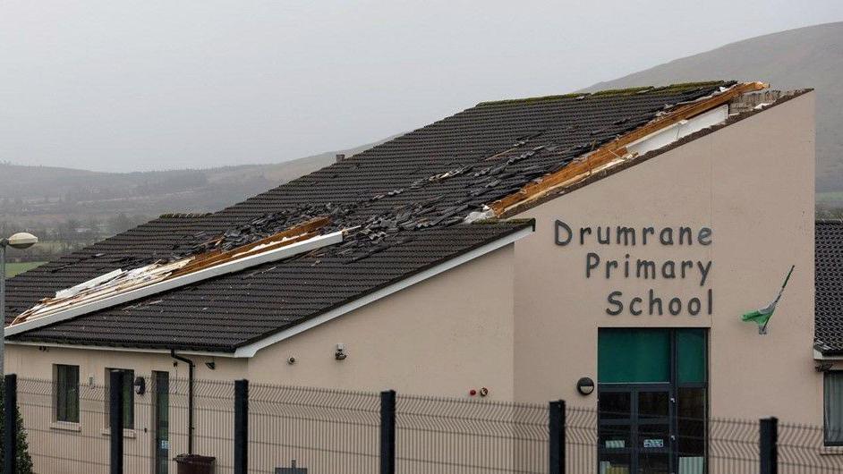 Drumrane Primary School building. Parts of the roof have been ripped off.