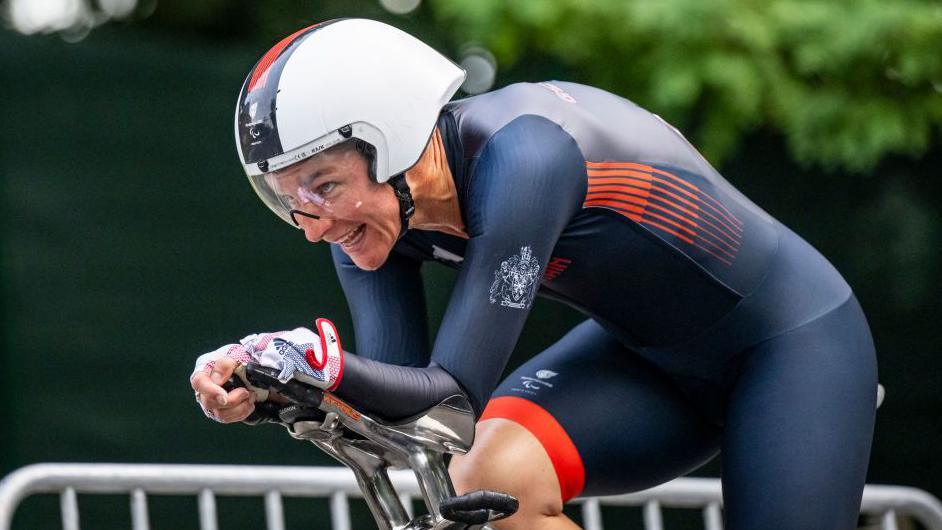 Sarah Storey riding successful nan Women's C5 Individual Road Cycling Time Trial astatine nan 2024 Paralympic Games