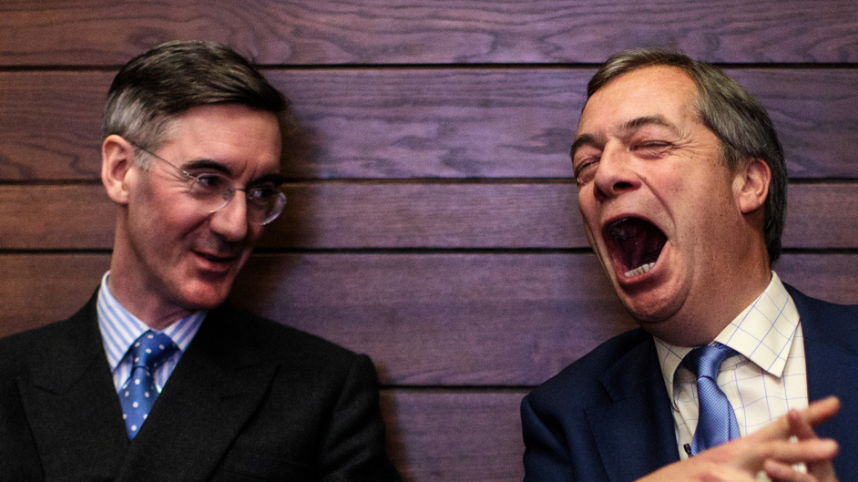 Jacob Rees-Mogg and Nigel Farage. Rees-Mogg is wearing glasses, shirt and tie and is turning his face to the right. Farage is wearing a dark suit, checked shirt and blue tie and is laughing out loud