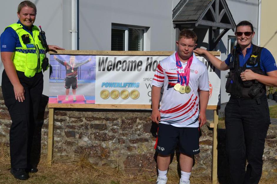 A welcome home sign was put up in Bleddyn's village