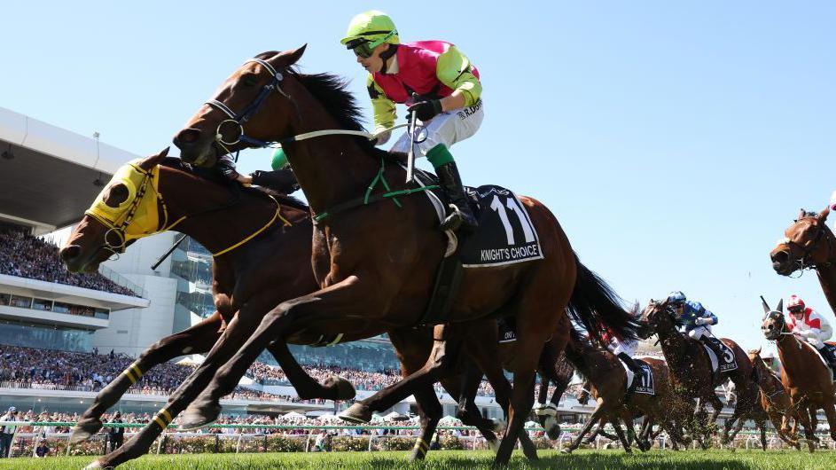 Robbie Dolan rides Knight's Choice (number 11) to win the Melbourne Cup