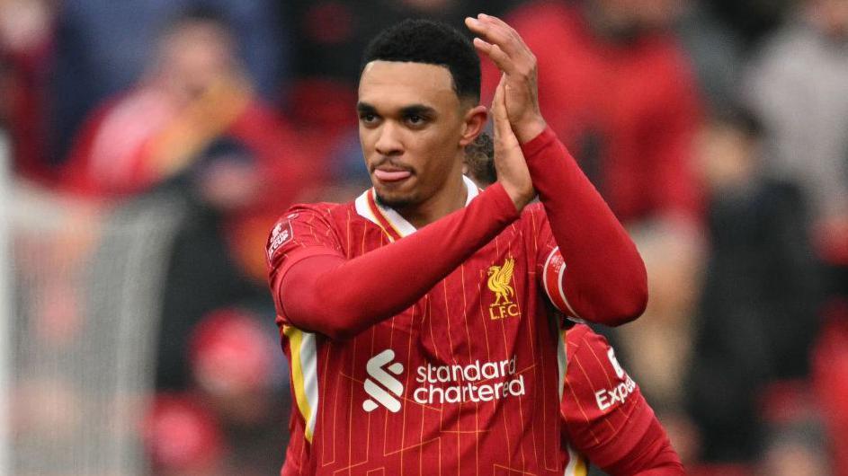 Alexander-Arnold applauds the Liverpool supporters during the Reds' FA Cup third-round win over Accrington Stanley