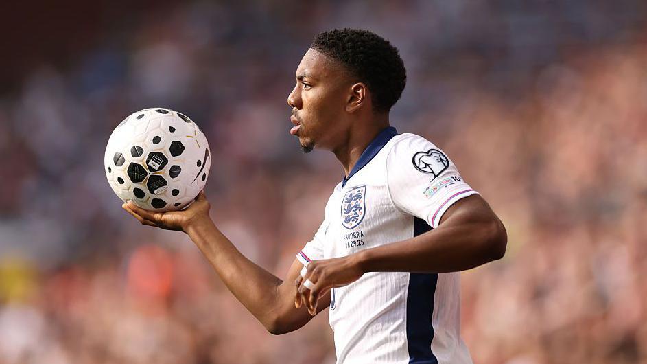 Myles Lewis-Skelly prepares to take a throw in for England