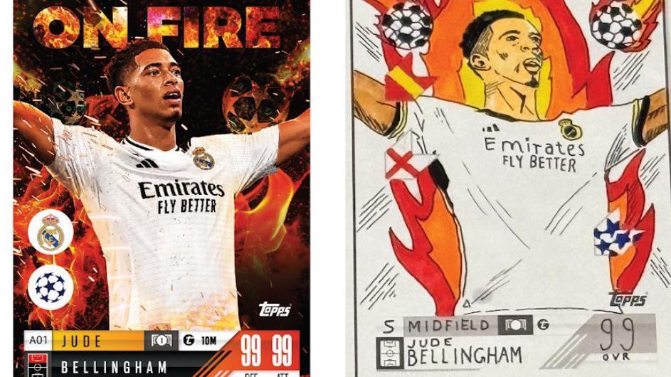 A photo of a picture card with a footballer with dark hair in a white shirt with flames behind him and to the right a drawing of the same footballer with flames behind him