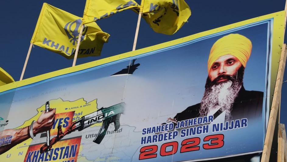 A mural features the image of late Sikh leader Hardeep Singh Nijjar, who was slain on the grounds of the Guru Nanak Sikh Gurdwara temple in June 2023, in Surrey, British Columbia, Canada September 18, 2023. REUTERS/Chris Helgren