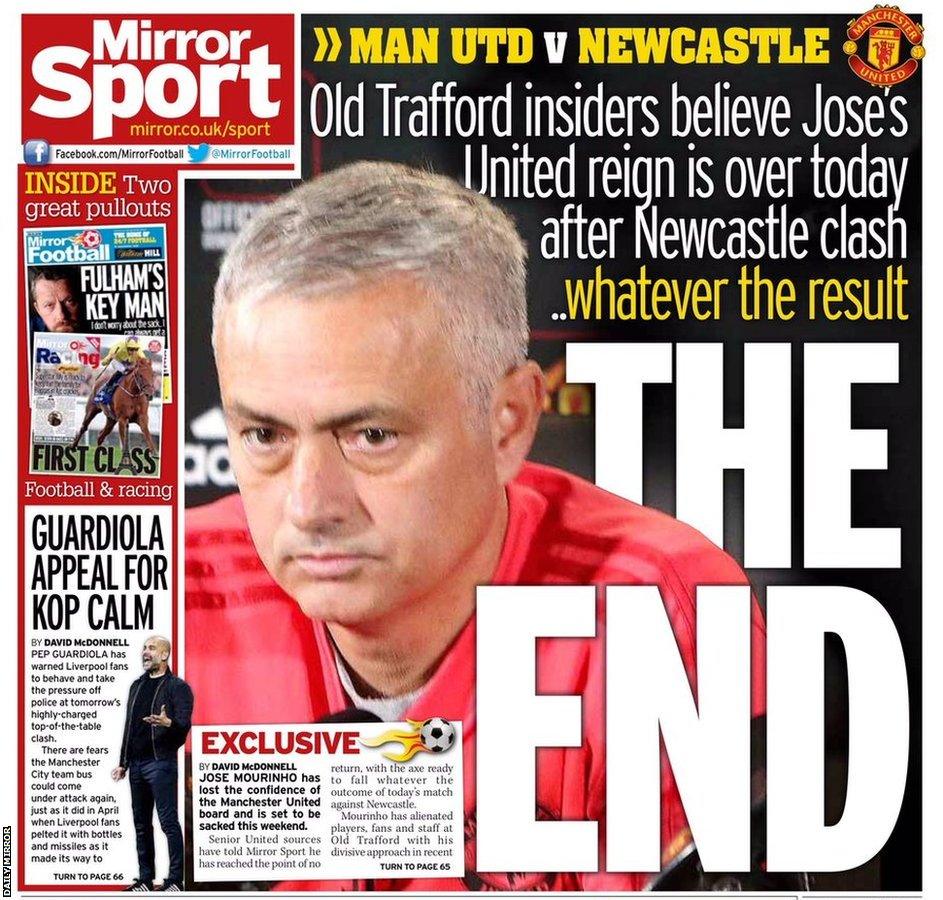 Daily Mirror back page on Friday with the story about Mourinho being set to be sacked regardless of the result against Newcastle