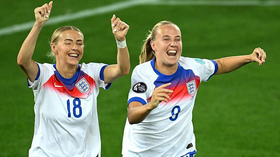 Chloe Kelly and Beth Mead celebrate as England score against Wales