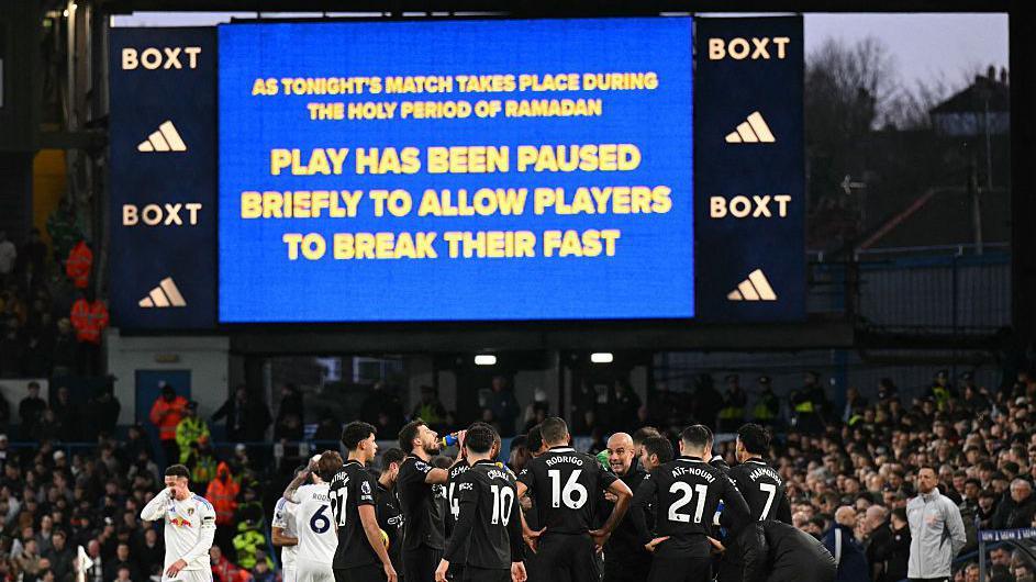 A message on the big screen informing supporters inside Elland Road the stoppage was to allow Muslim players to break their fast