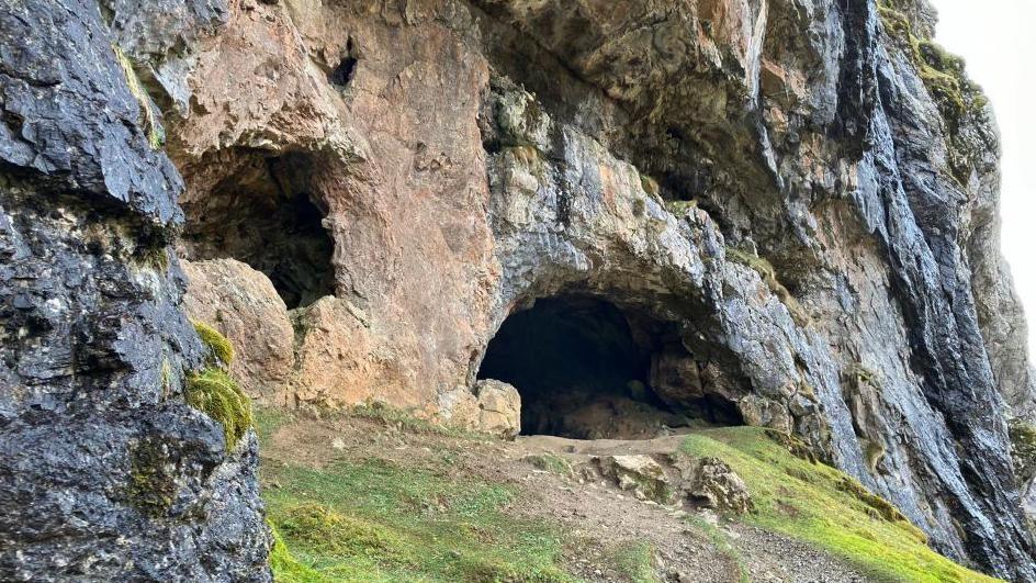 Cave entrances in a sheer-sided cliff face. Water is dripping down the rocks above the caves.