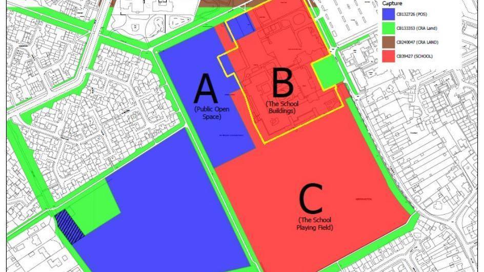 Image shows diagram of Werrington Fields with around a third labelled public open space (Area A), around a third labelled school buildings (Area B) and around a third labelled the school playing field (Area C) 