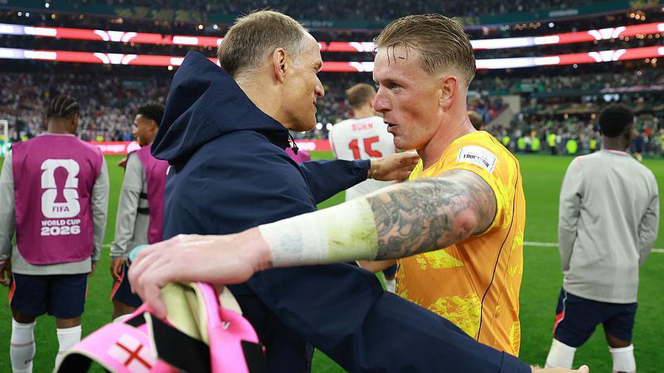 England head coach Thomas Tuchel congratulates Jordan Pickford after the win against Mexico.