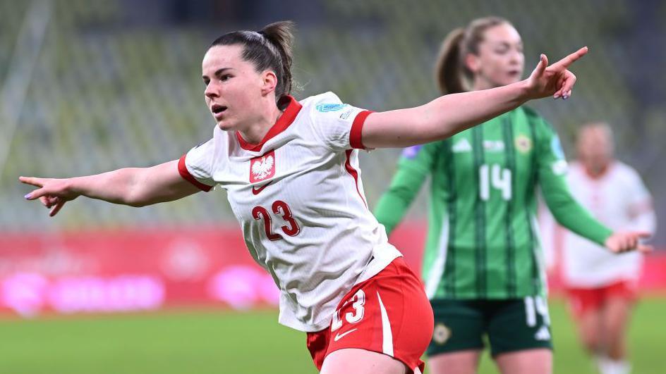 Adriana Achcinska of Poland celebrating a goal