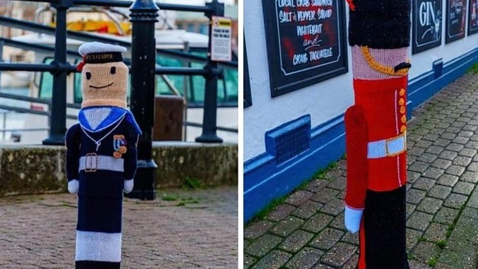 A knitted sailor on the left and a guardsmen on the right