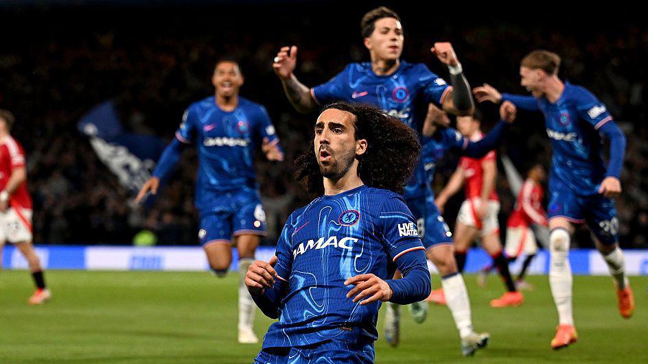 Marc Cucurella celebrates scoring against Manchester United