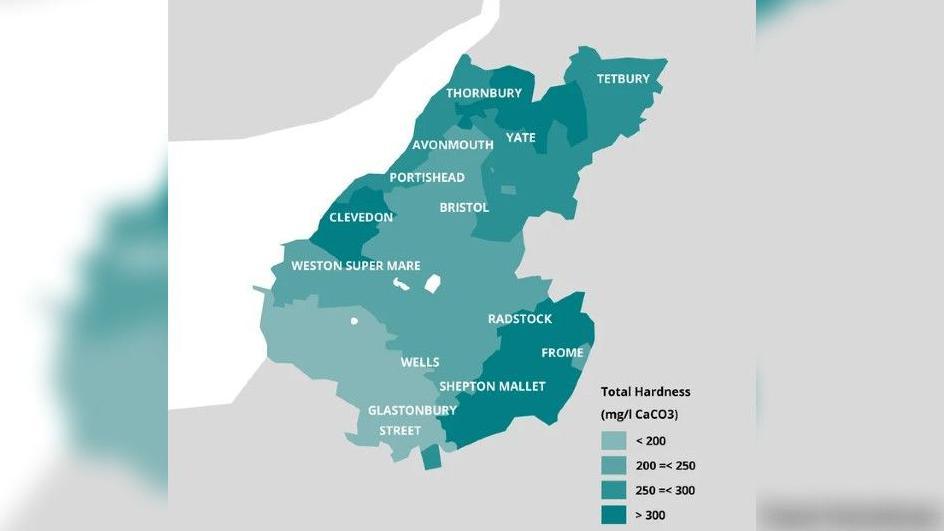 A map of the West of England region - with different shades of blue representing varying water hardness.