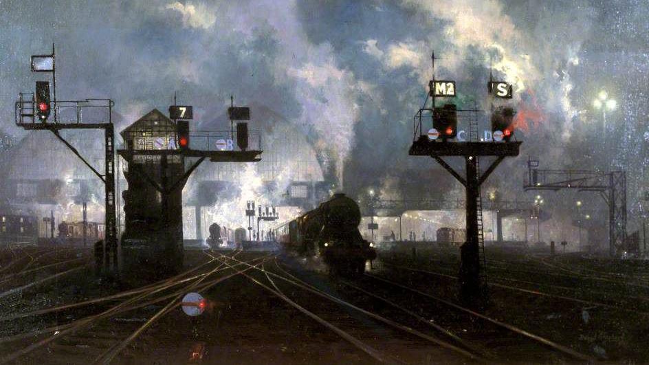 A painting of steam train leaving a station and travelling at night in murky conditions.