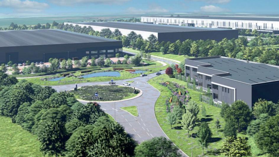 An artist's impression of what a number of warehouses could look like, including several grey buildings, a roundabout, roads, trees, grass areas, and bushes.