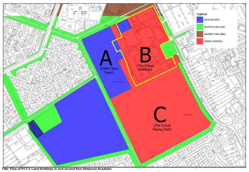 Image shows diagram of Werrington Fields with around a third labelled public open space (Area A), around a third labelled school buildings (Area B) and around a third labelled the school playing field (Area C) 