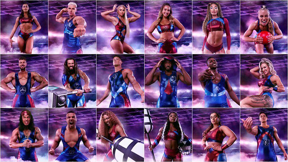 18 Gladiators in small images, holding props like a hammer, and pulling strength poses