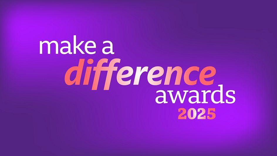Purple background with words 'make a difference awards 2025' in white and pink/red