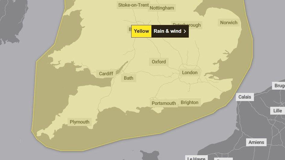 A map of England and Wales, showing an extensive area under a yellow warning from the Met Office for a risk of heavy rain and strong winds later Friday and on throughout Saturday. Currently the warning covers all of England and Wales.