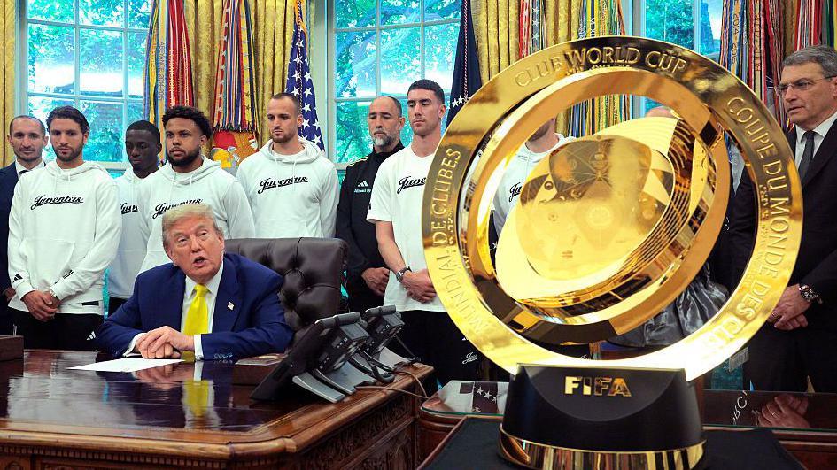 US President Donald Trump with the Juventus team in the Oval Office at the White House on June 18 2025 in Washington DC