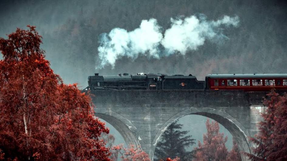 The jacobbite express steam train travelling along a bridge in front of some autumnal trees