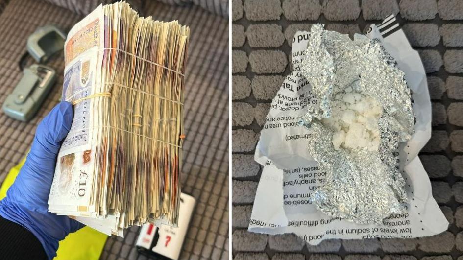 A side by side composite showing an officer's hand in a glove, holding a stash of cash and small white piles of drugs wrapped in foil and paper