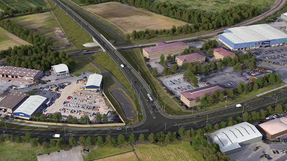 An aerial artist impression of the new bridge showing it crossing a railway line with industrial buildings on either side