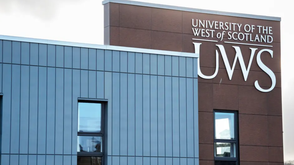 A general view of the University of the West of Scotland, which has the name of the university in large silver letters on a brown background.