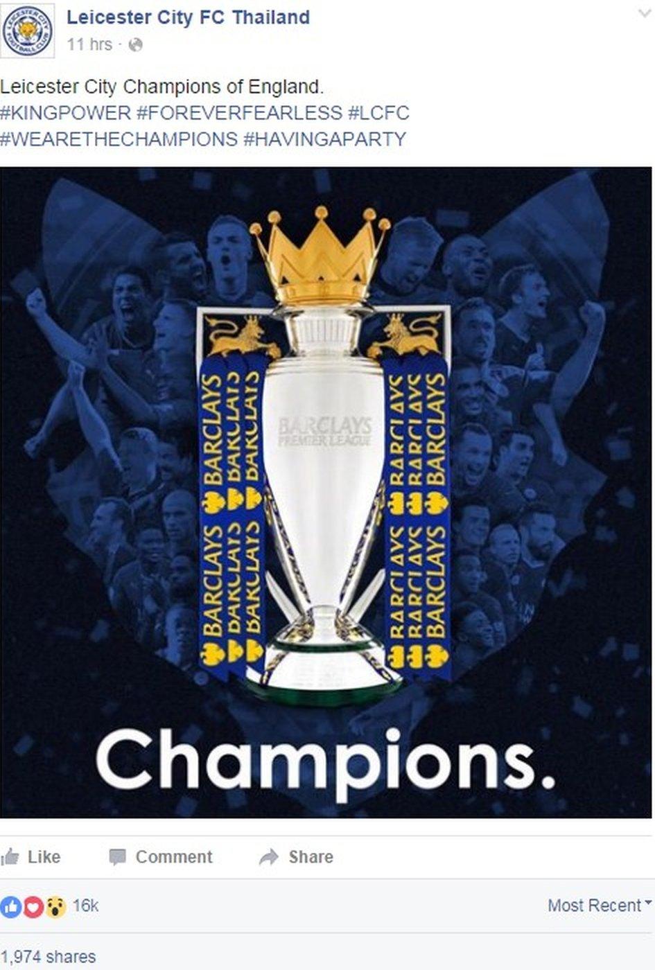 Facebook post by Leicester City's official Thai page saying 'Leicester City, champions of England' - 2 May 2016