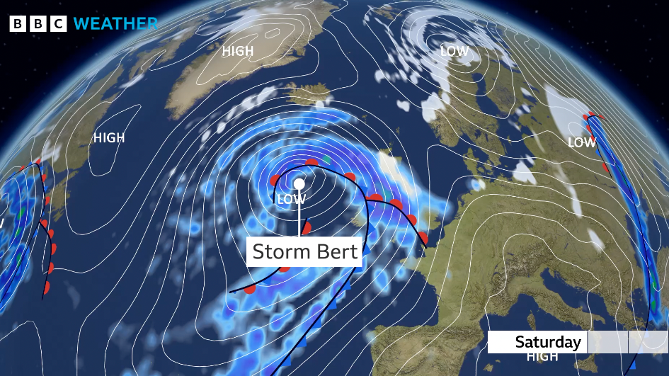 ý Weather graphic of the north Atlantic and north-west Europe showing the pressure pattern. A deep area of low pressure is to the west of the UK on Saturday