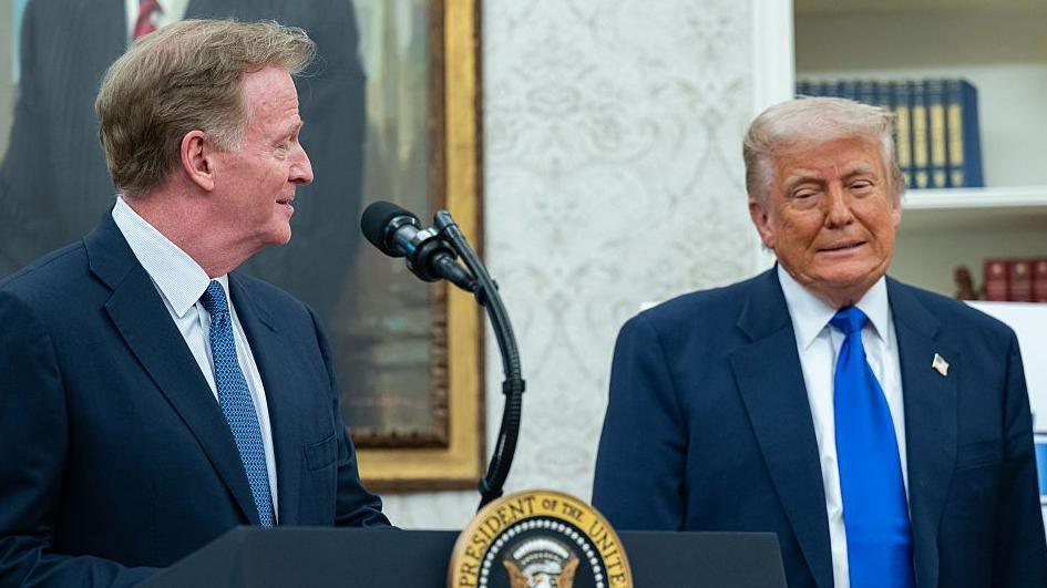 NFL commissioner Roger Goodell in the Oval Office with Donald Trump as the US president announces that Washington DC will host the NFL Draft in 2027 