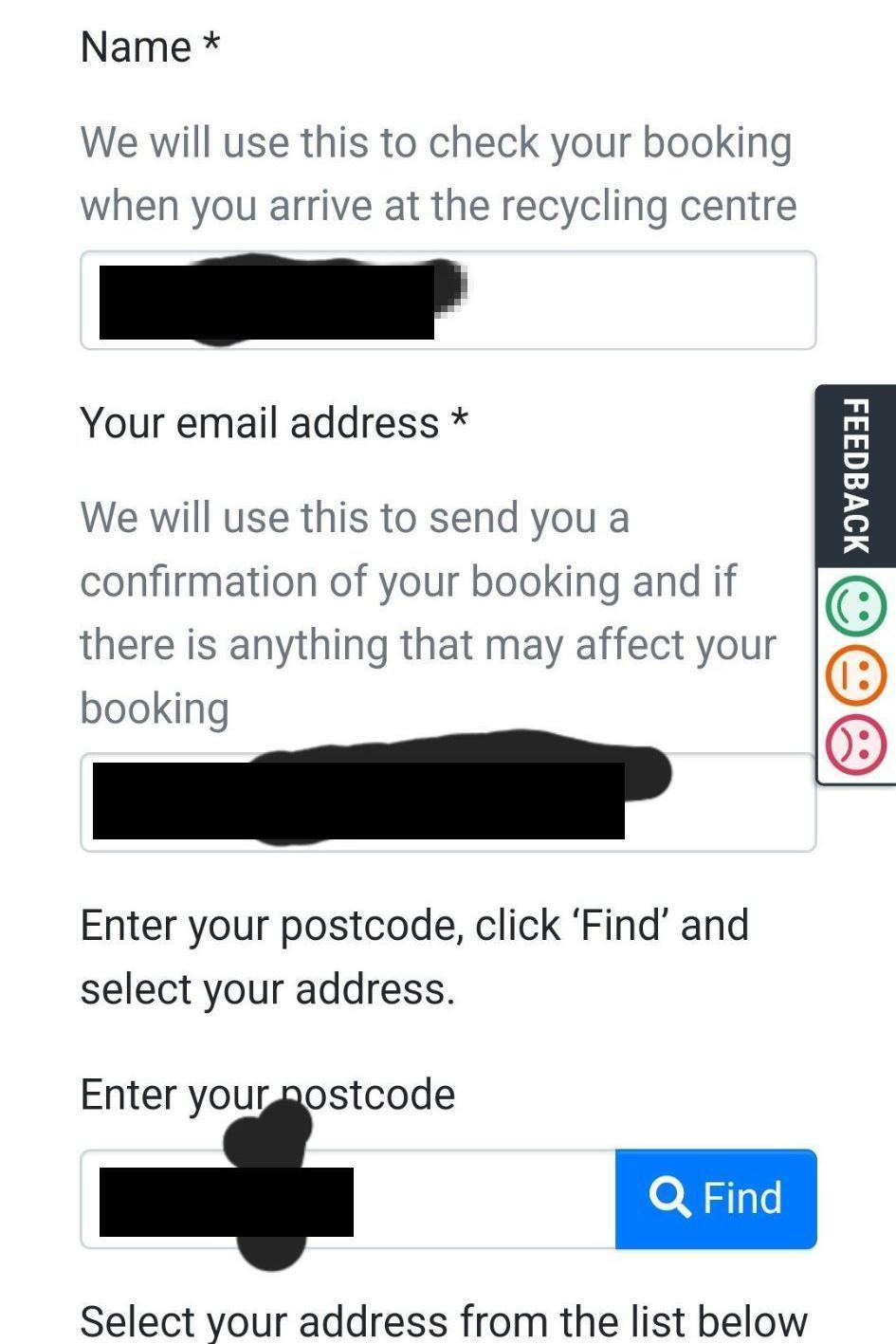 The council's online form has completed fields for name, email address and postcode. The personal details have been blacked out.