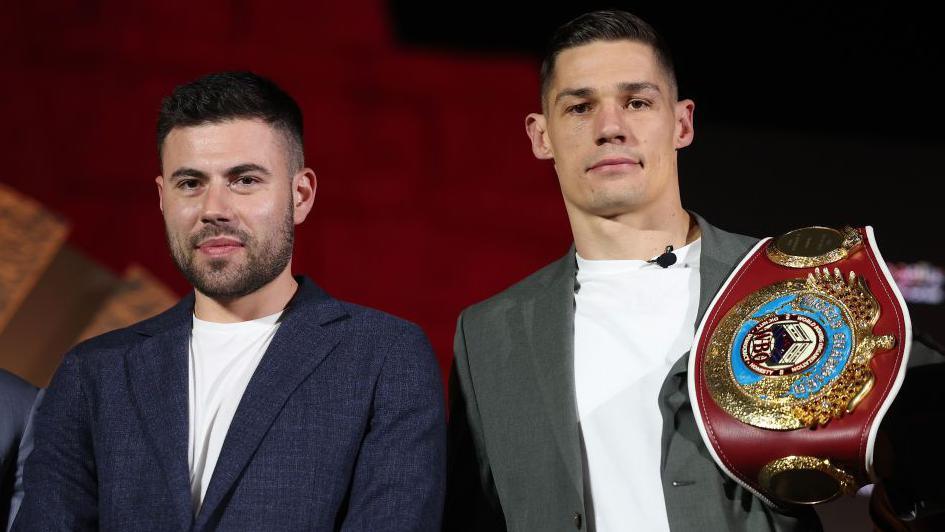 Ben Shalom and Chris Billam-Smith pose for photos at the press conference ahead of Billam-Smith's fight with Gilberto Ramirez