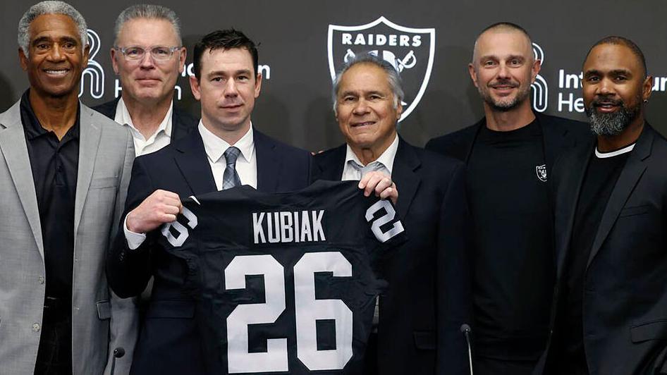 Klint Kubiak being introduced as the new Las Vegas Raiders head coach, with former players and general manager John Spytek on 10 February 2026