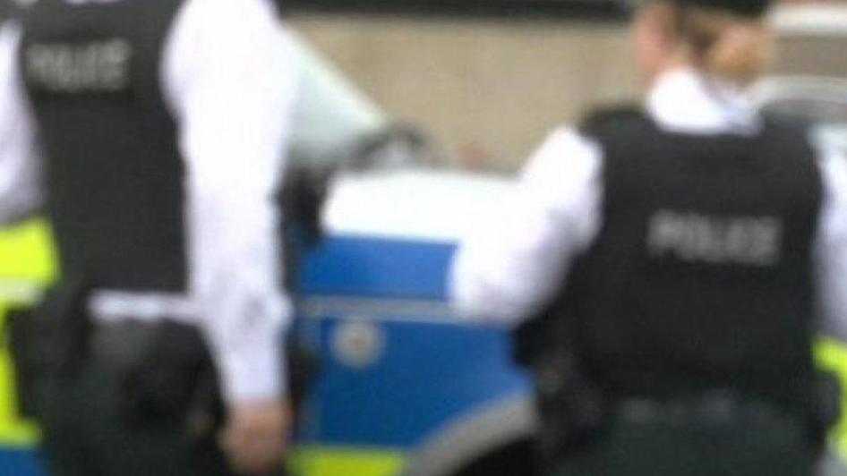 Two police officers in uniform seen from behind as they stand in front of a police vehicle