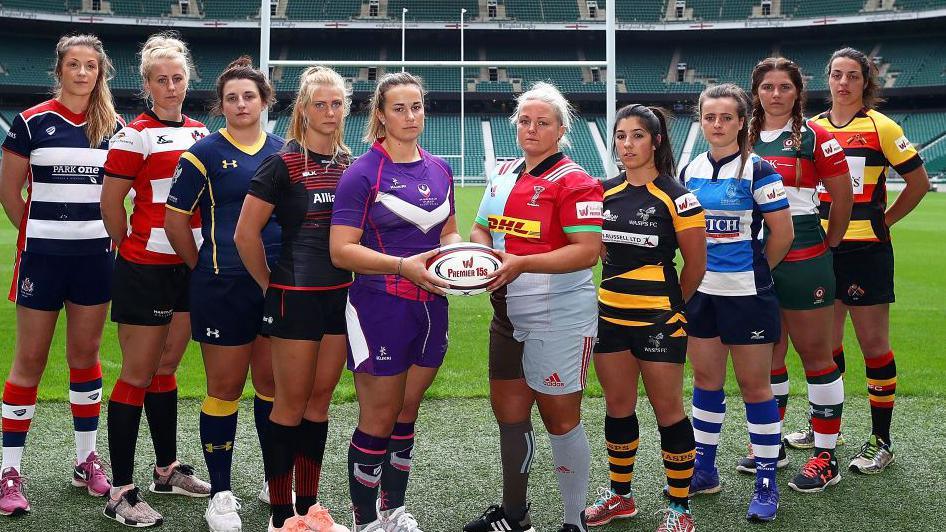Premier 15s players, including Scotland and Loughborough Lightning's Rachel Malcolm and Harlequins and England's Amy Turner (centre), pose for pictures on the Twickenham turf before the league's inaugural 2017-18 season