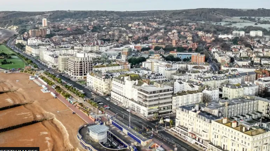 An aerial view of Eastbourne beach and seafront.