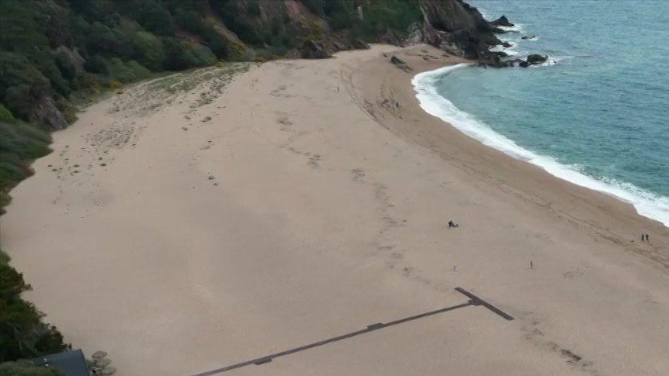 An aerial view of Blackpool Sands - a curved beach with the sea on the right, beach in the middle and cliff paths surrounding.