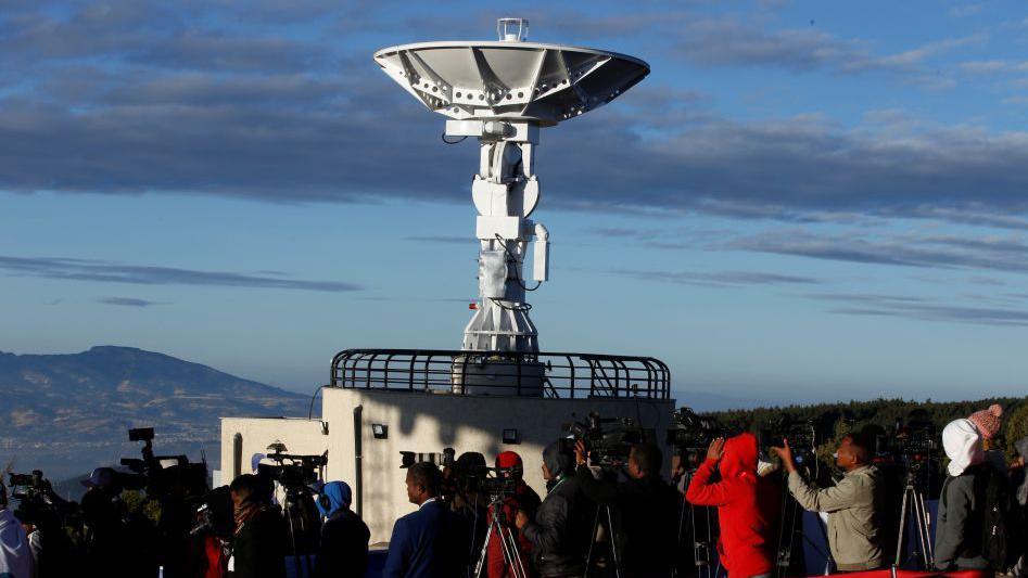 A radio dish points upwards at Ethiopia's space centre near Addis Ababa. 
Ethiopia on Friday successfully launched first-ever earth observatory ETRSS-1 satellite designed to collect and forward data required to modernize agriculture and mitigate drought,