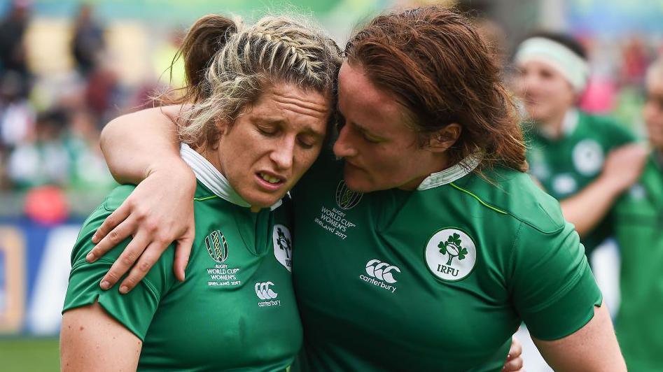 Ireland's Ailis Egan and Alison Miller show their disappointment