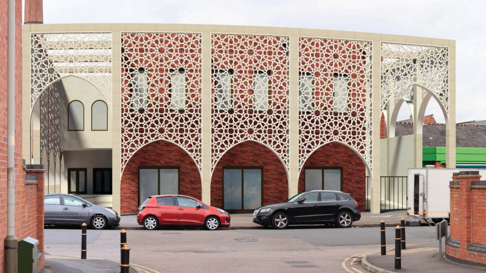 Artist impression of a street view of the new two-storey mosque in Evington Valley Road, Leicester, with cars parked at the front
