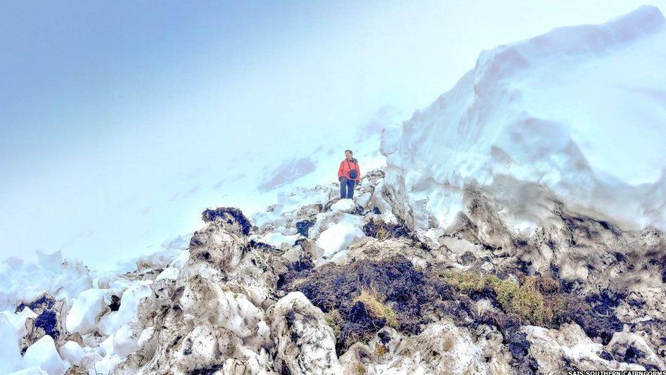 An avalanche forecaster stands among avalanche debris. Some of the snow is mixed with grass, peat and soil the snow has dragged down during the slide.