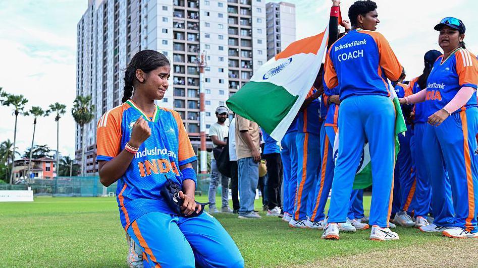 India's captain Deepika Gaonkar (L) breaks down after her team's victory in the first Blind Women's Twenty20 World Cup 2025 final match between India and Nepal at the P Sara Oval International Cricket Stadium in Colombo on November 23, 2025. 