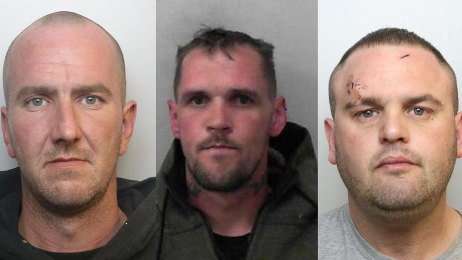 Police custody photos of three men. Stefan Dann is on the left. He is bald and is wearing a black hoodie. Dean Chick is in the middle. He has short brown hair, tattoos on his neck and is wearing a dark grey hooded jacket. Dean Chick is on the right. He has cuts and grazes on his head and is wearing a grey t-shirt.