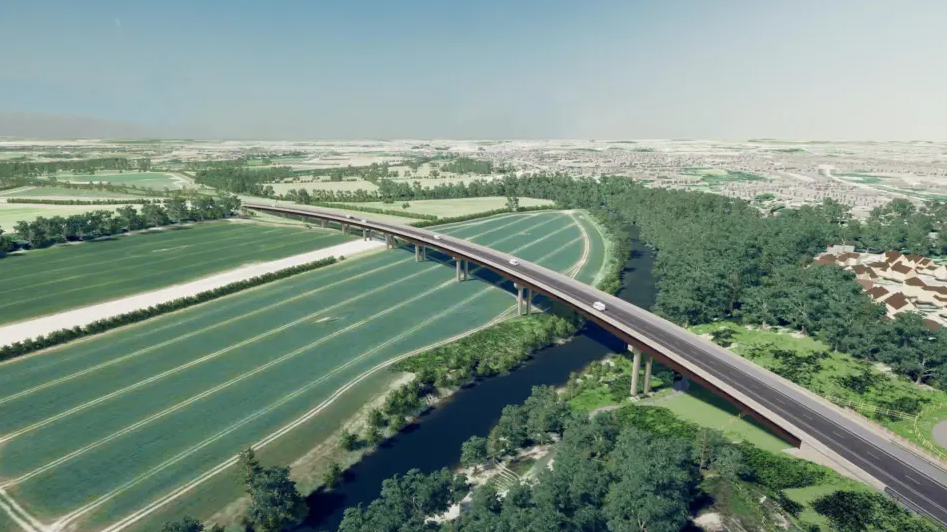 An artist's impression of the bypass in Shropshire depicting the countryside surrounding it and the route travelling over the River Severn