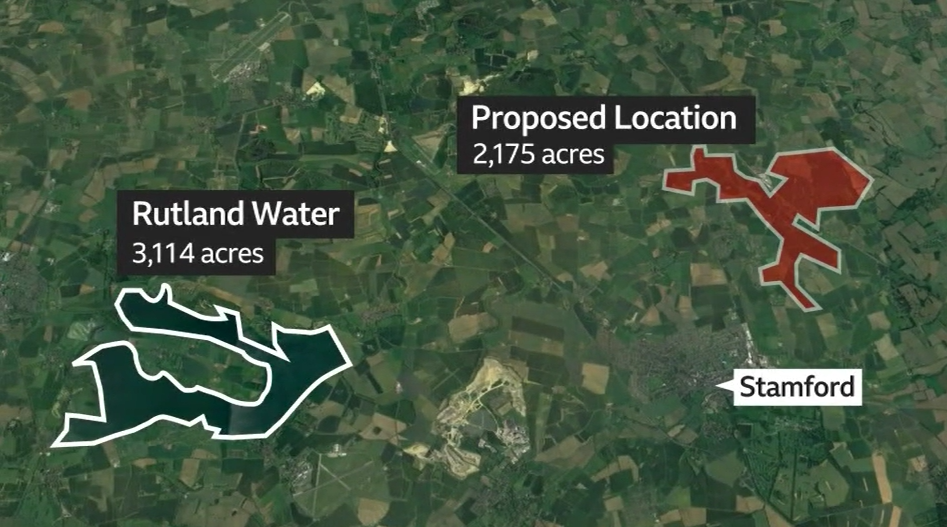 A graphic showing the outline of the Mallard Pass site on a satellite map, compared with a similar site map of Rutland Water