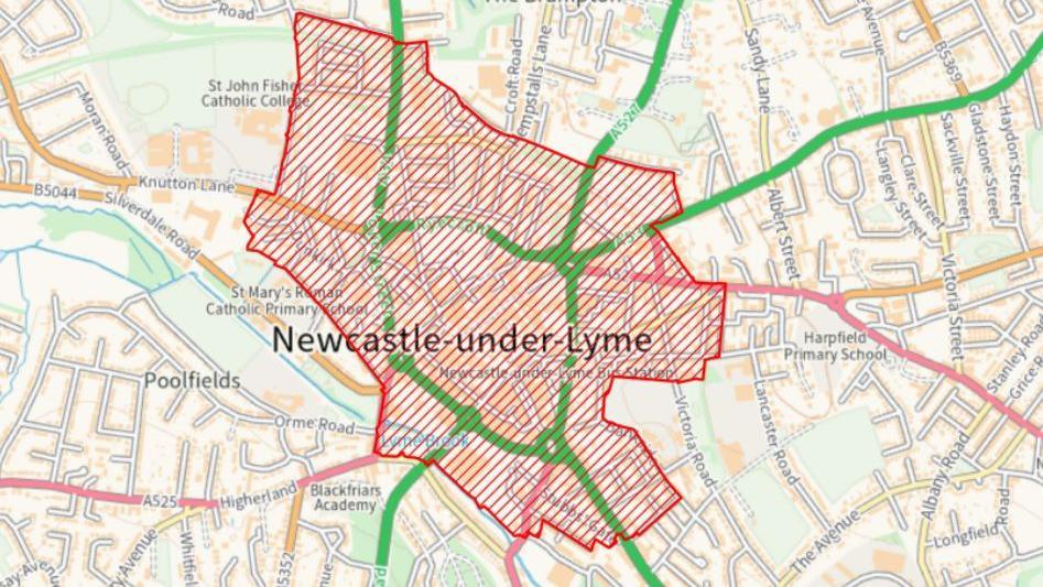 A map showing Newcastle-under-Lyme. A red shape has been placed over the centre of the map denoting the area covered by the PSPO.