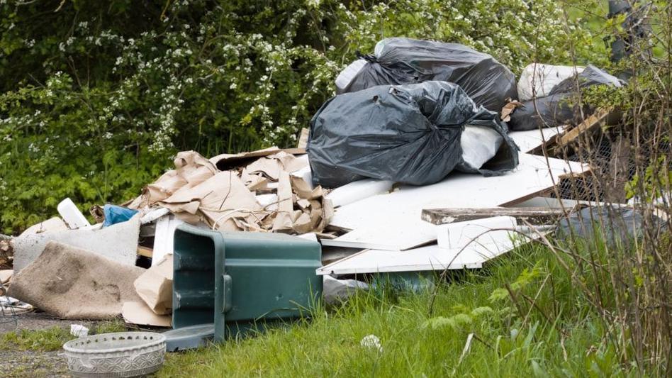 Rubbish flytipped in a forest area, including bin bags, carpet, unknown materials, and an overturned bin.